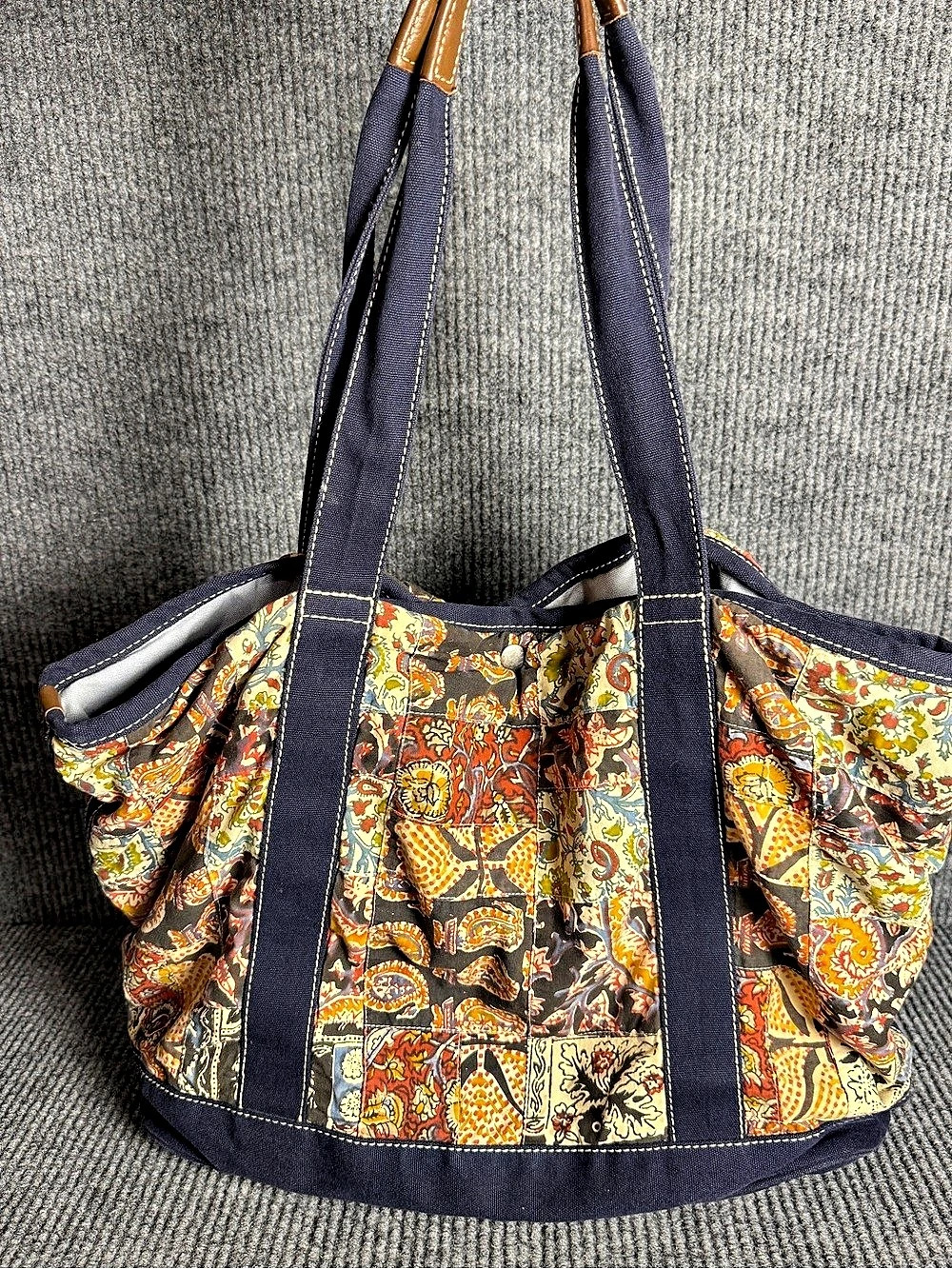 J. Crew Vintage Bohemian Patchwork Canvas Tote Bag Navy